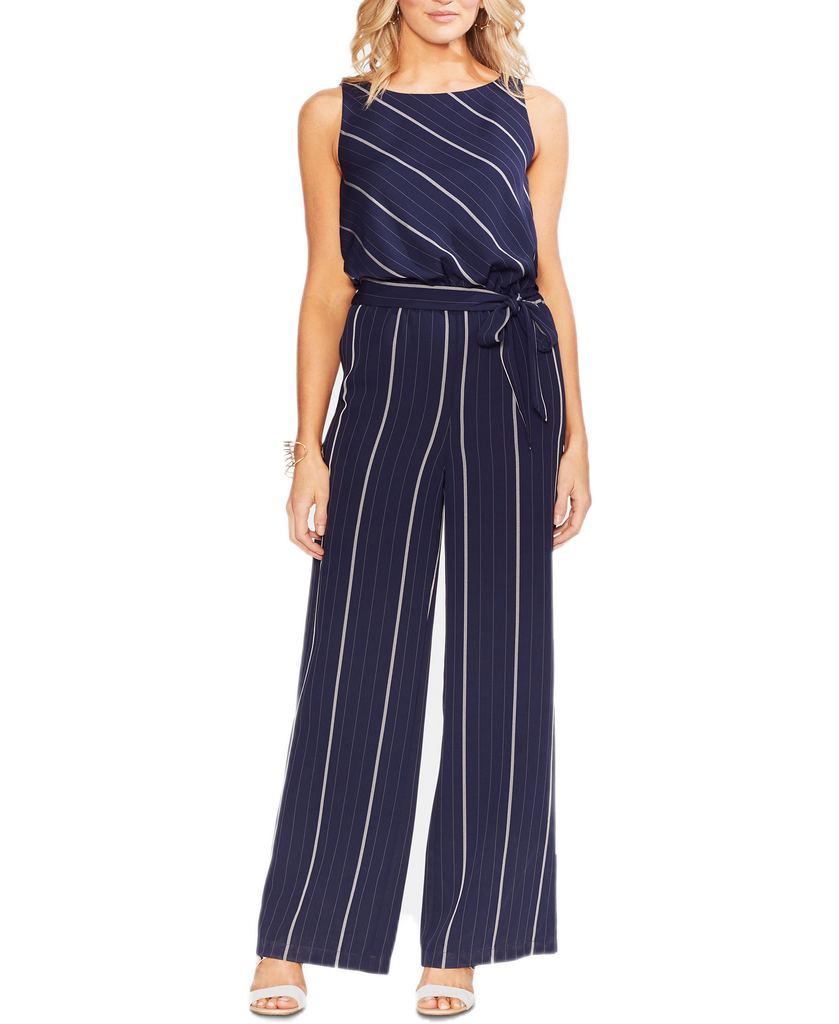 Vince Camuto Women Belted Striped Wide Leg Jumpsuit Classic Navy