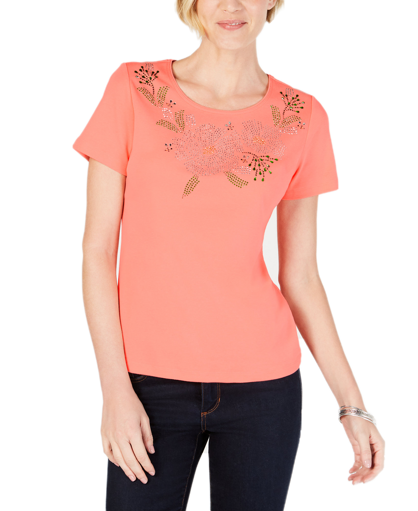 Karen Scott Women Petite Studded T Shirt Coral Lining