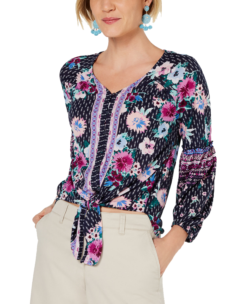 Style & Co Petite Printed Tie Front Top Daydream Twist