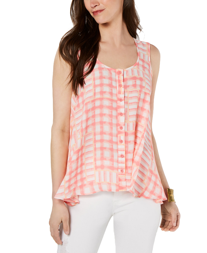 Style & Co Printed Sleeveless High Low Swing Top Springtime Pink