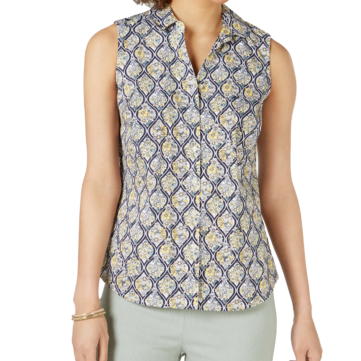 Charter Club Women Printed Sleeveless Shirt Citron Aura Combo
