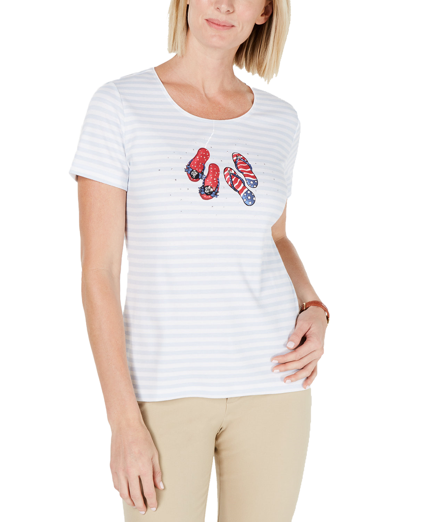 Karen Scott Petite Striped Graphic T Shirt Indigo