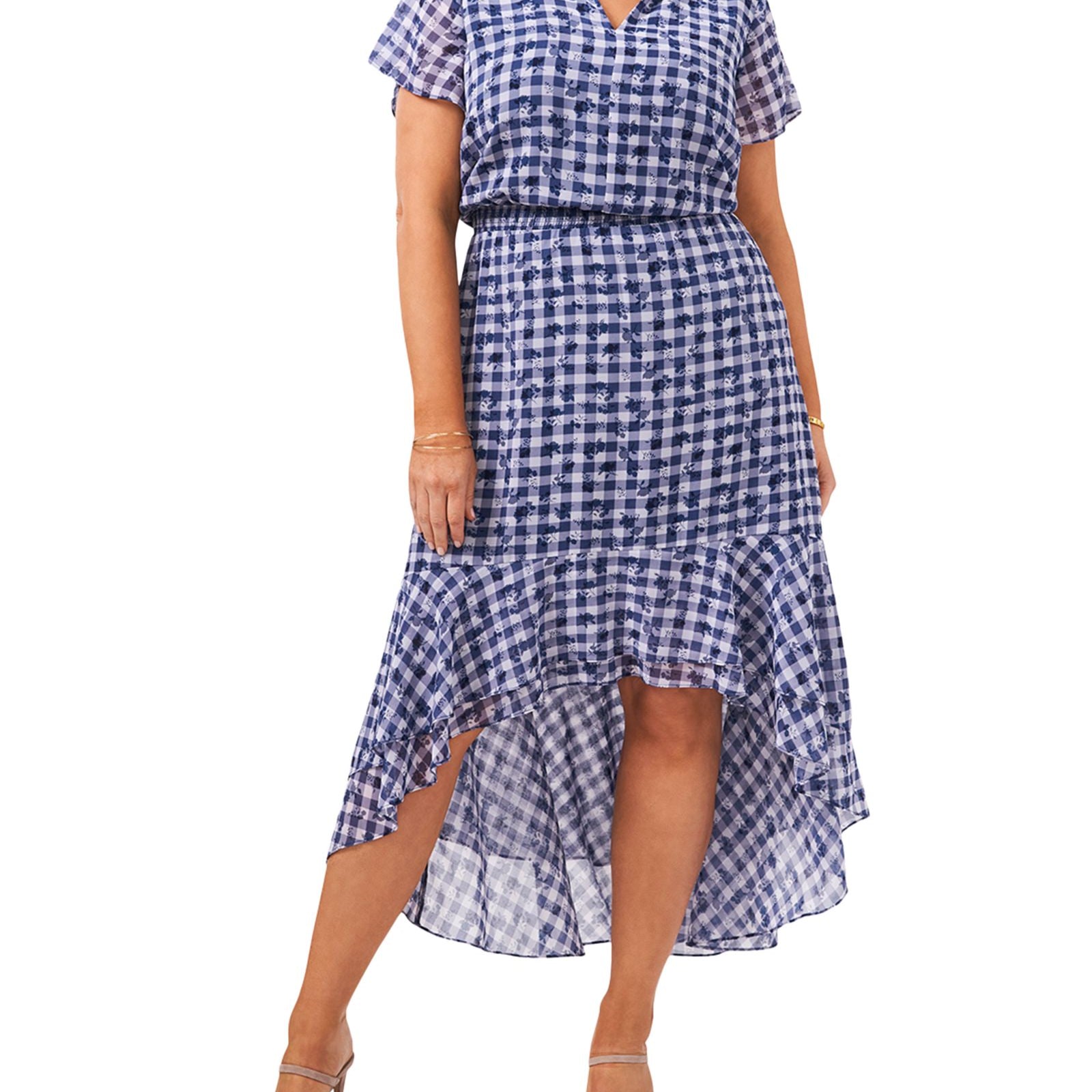 1.STATE Women Plus Trendy Printed High Low Dress Gingham Floral