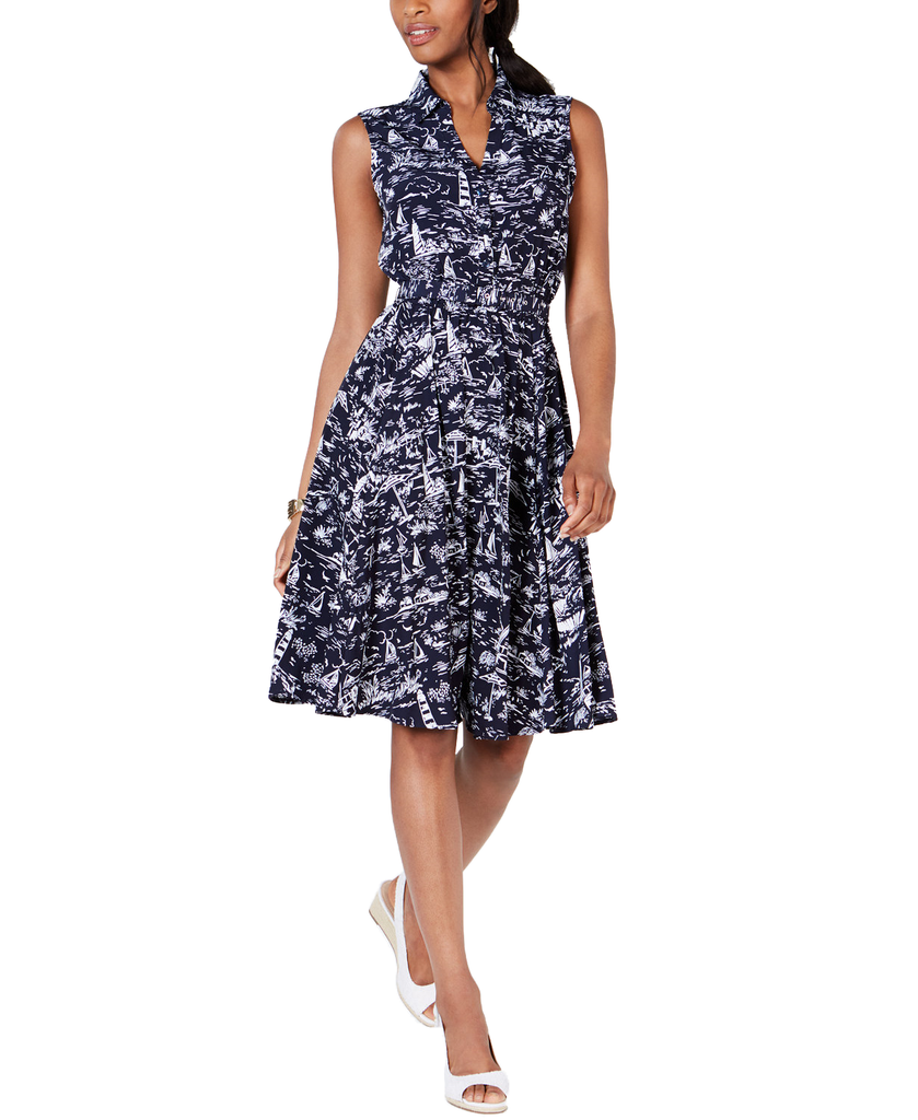 Charter Club Women Petite Belted Scenic Dress Intrepid Blue Combo