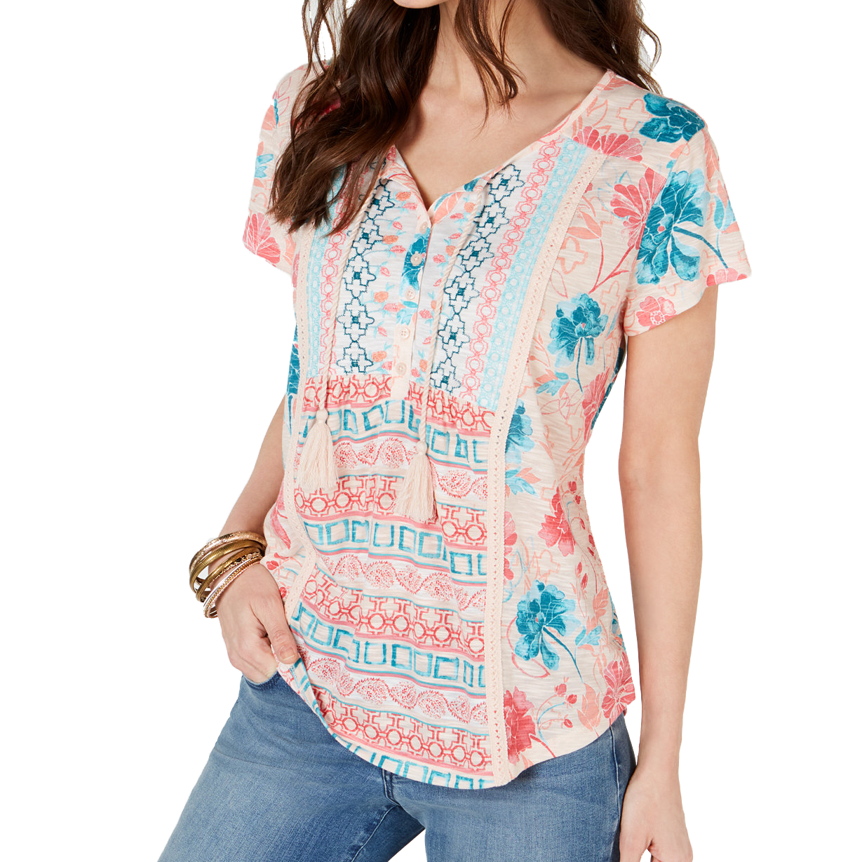 Style & Co Women Petite Crochet Trim Top Garden Bliss Pink