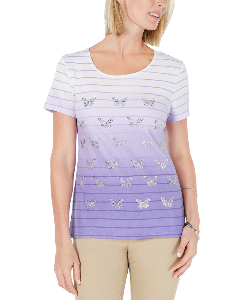 Karen Scott Women Petite Ombré Butterfly T Shirt Purple Bliss