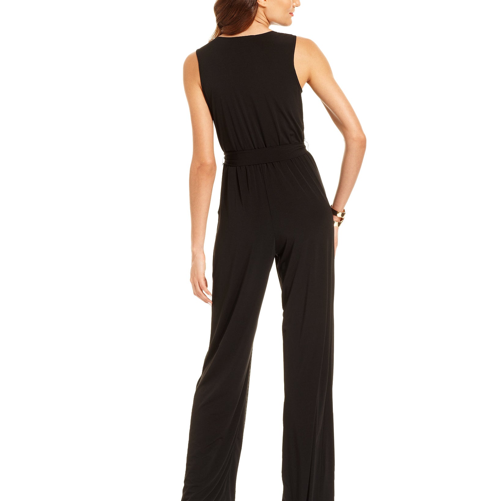 NY Collection Women Petite Surplice Belted Wide Leg Jumpsuit