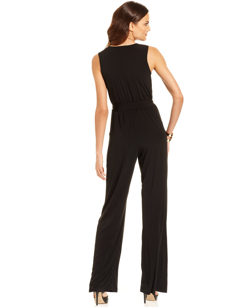 NY Collection Women Petite Surplice Belted Wide Leg Jumpsuit