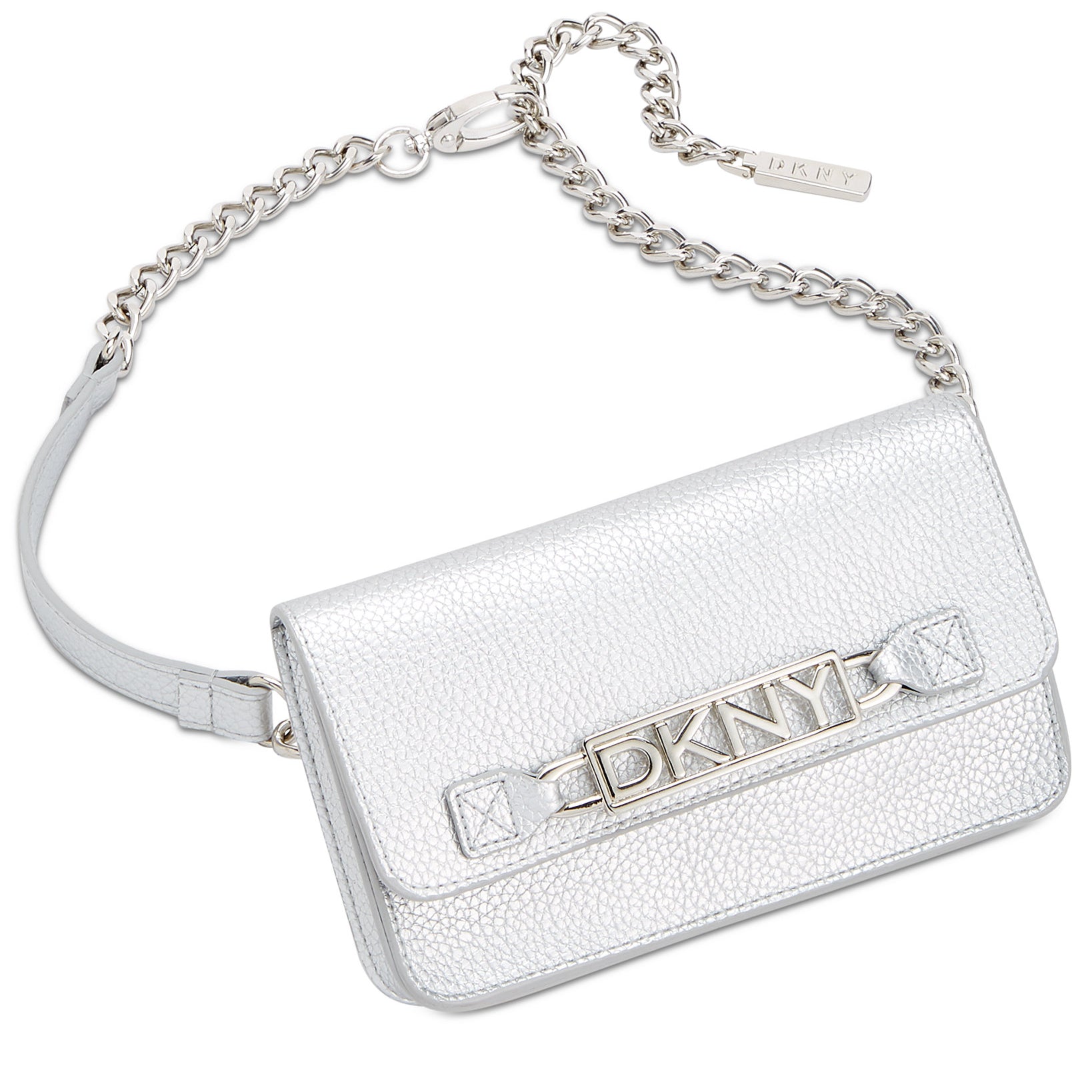 DKNY Women Logo Plate Chain Strap Belt Bag Silver