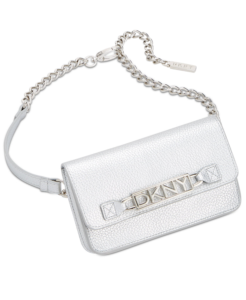 DKNY Women Logo Plate Chain Strap Belt Bag Silver