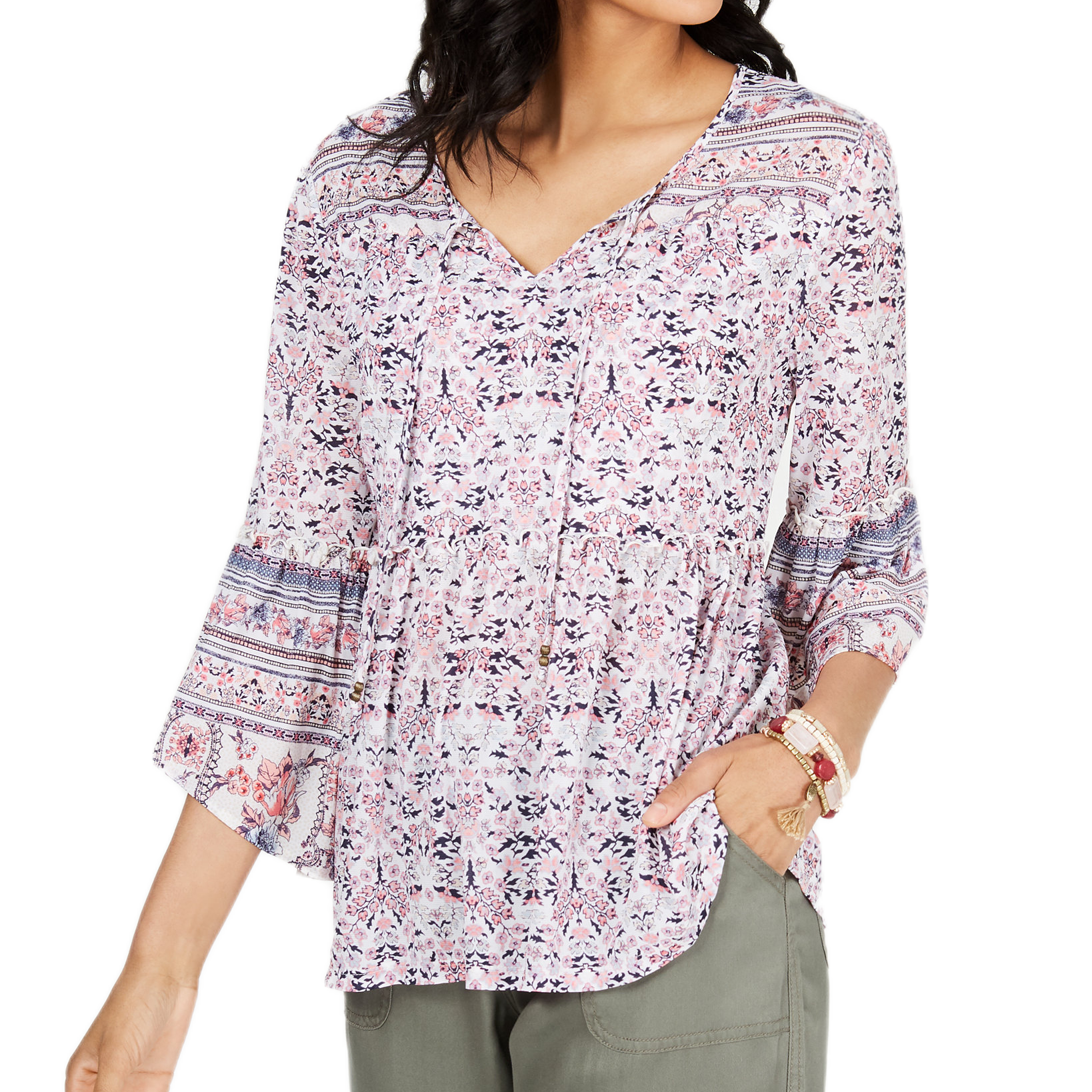 Style-&-Co-Women-Petite-Printed-Mesh-Lantern-Sleeve-Top-Seascape-Garden-Pink