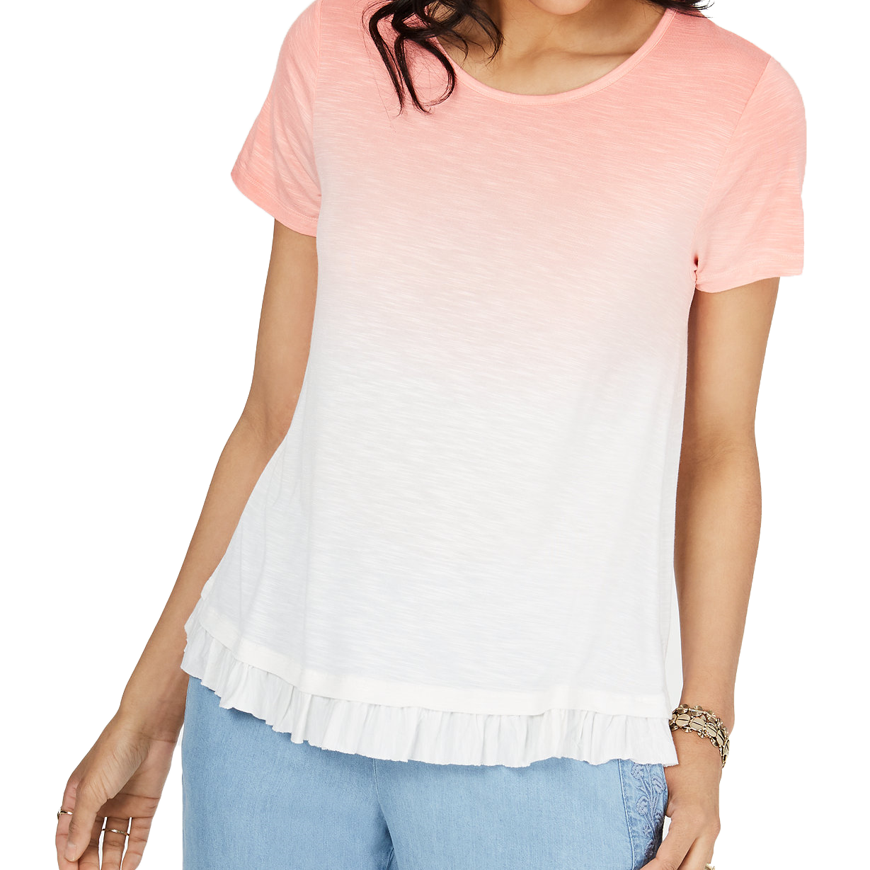 Style & Co Women Ombré Ruffled Hem Top Peachberry Ombré