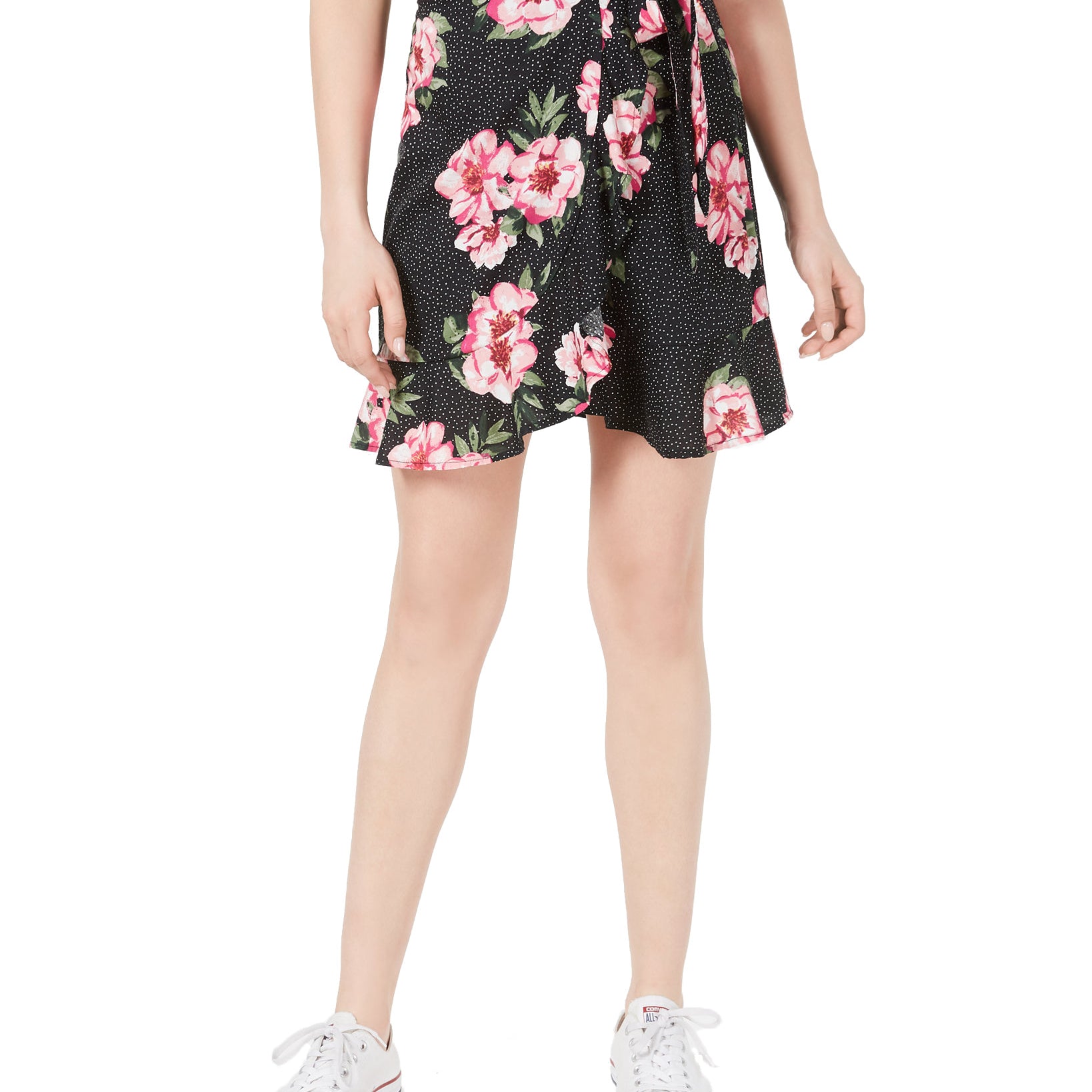 Planet Gold Juniors Printed Wrap Skirt Black Dot Floral