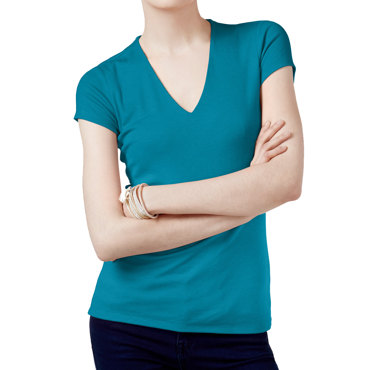 INC International Concepts Women Petite Ribbed V Neck Top Caribean Blue