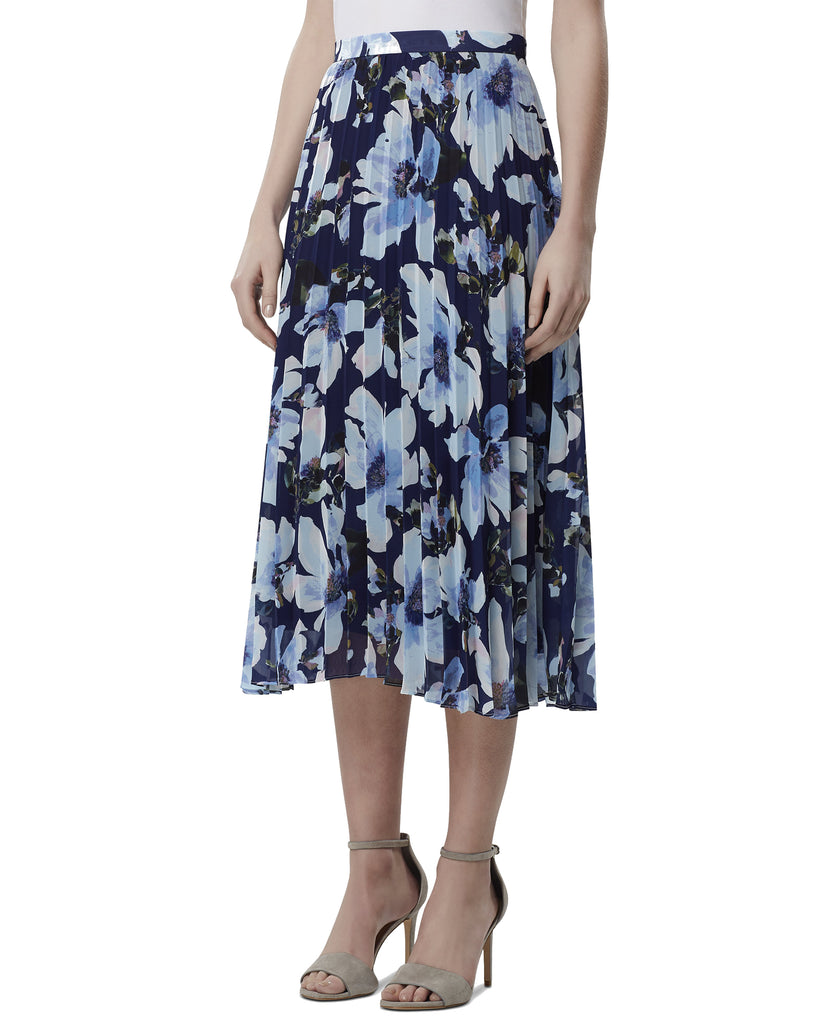 Tahari ASL Women Pleated Floral Print Midi Skirt Navy Floral Combo