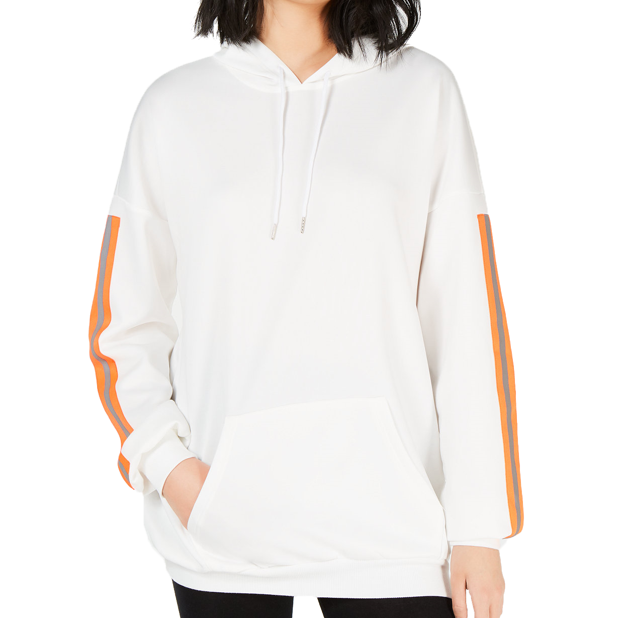 Waisted Women Oversized Reflective Tape Hoodie White with Neon Orange