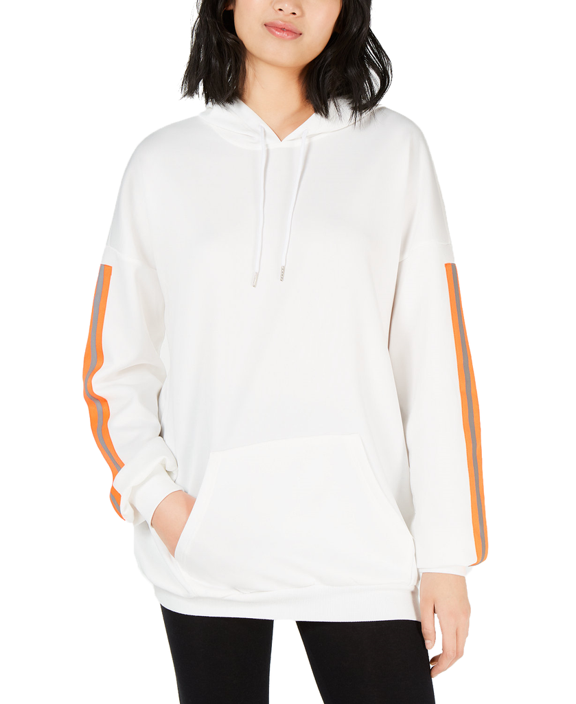 Waisted Women Oversized Reflective Tape Hoodie White with Neon Orange