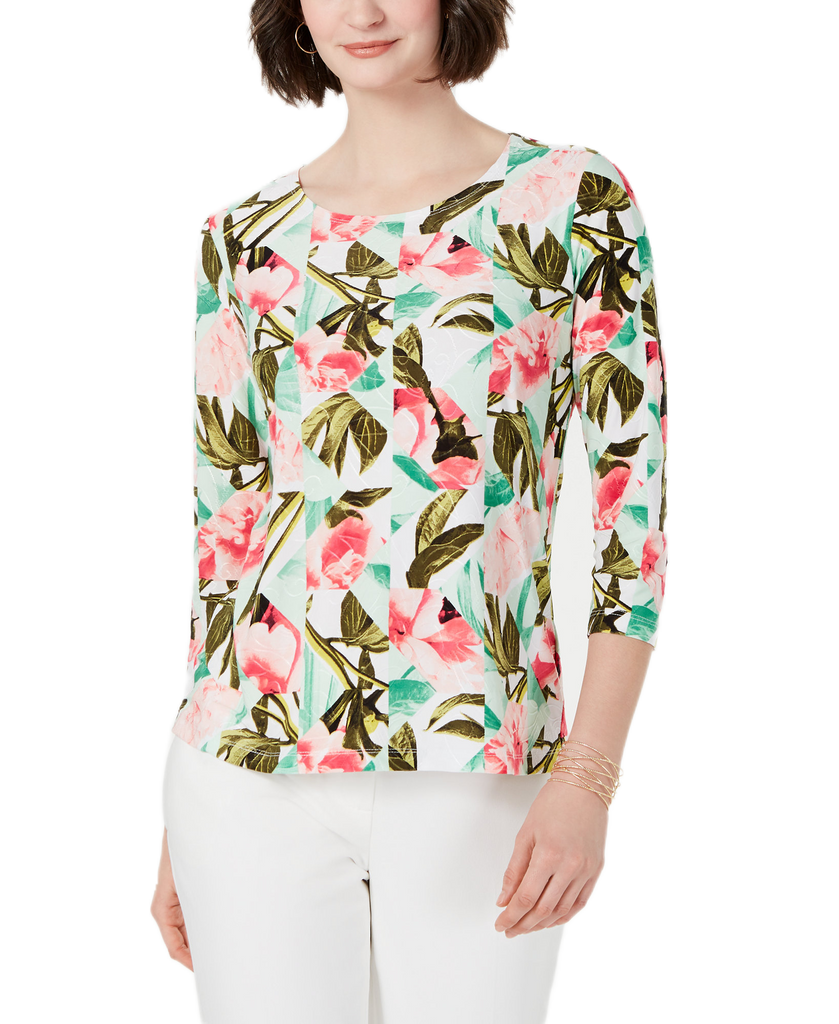 JM Collection Women Printed Jacquard Top Peony Patches