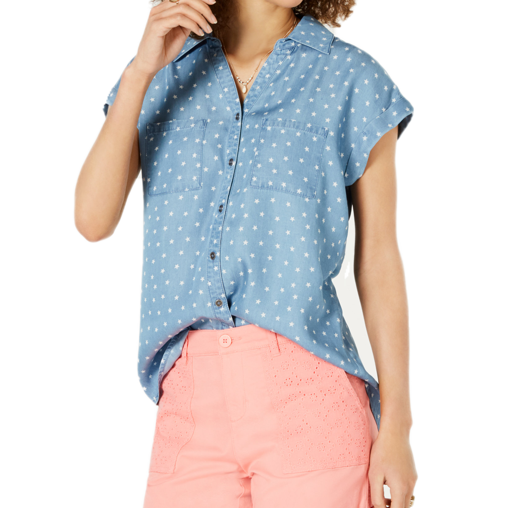 Style & Co Women Short Sleeve Shirt Star Print