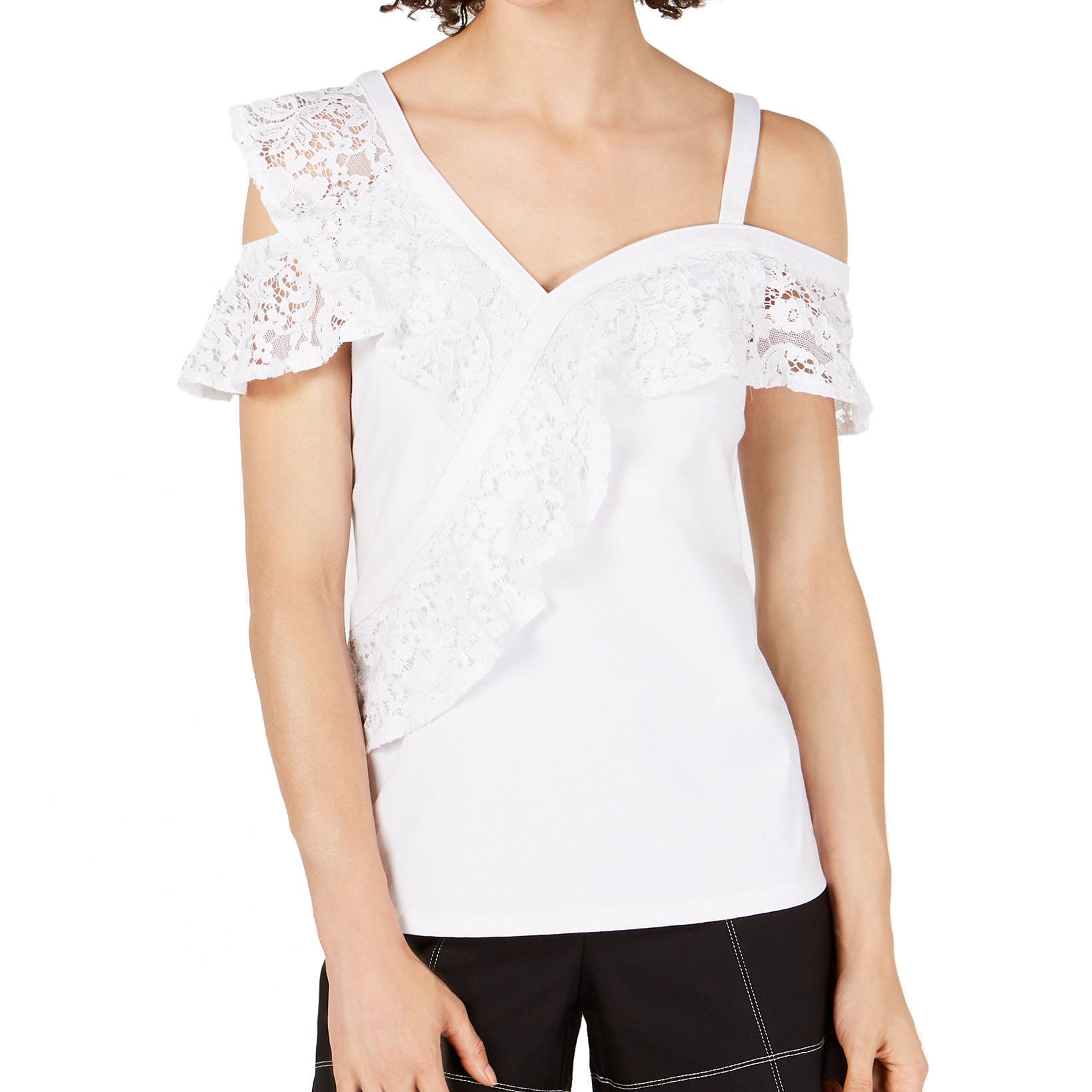 INC International Concepts Women Lace Ruffle Cold Shoulder Top Bright White