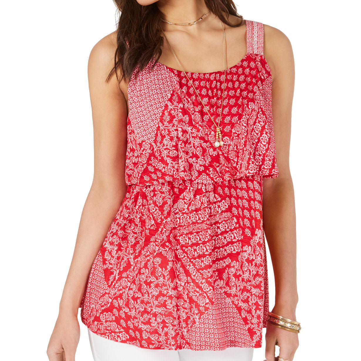 Style & Co Women Printed Flounce Tank Top Austin Red