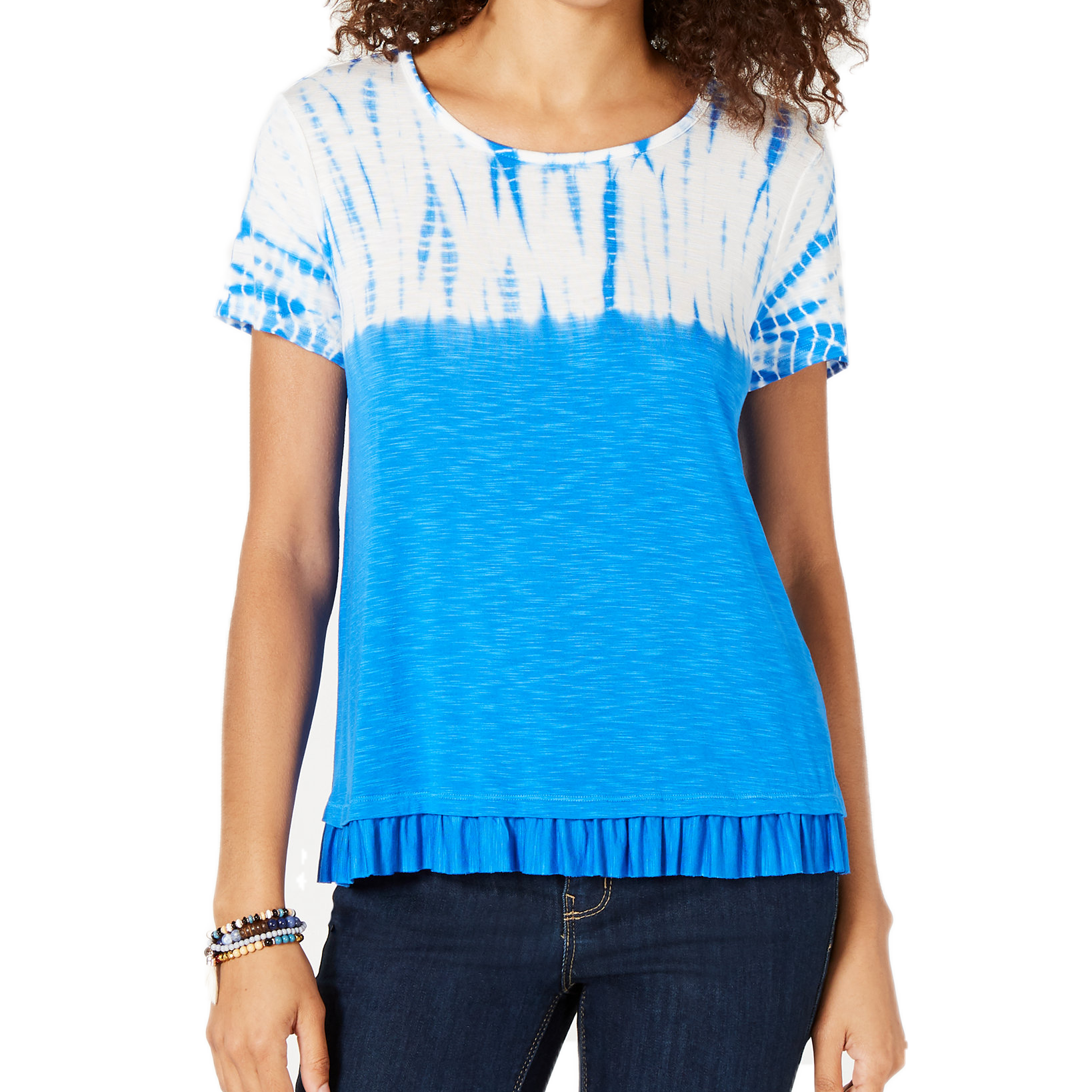 Style & Co Women Petite Tie Dye & Ruffle Hem T Shirt Blue Bamboo Dye