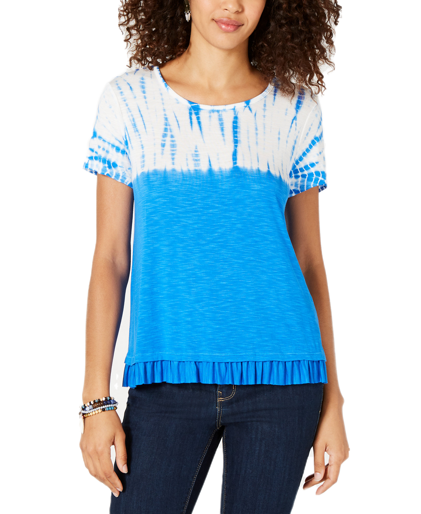 Style & Co Women Petite Tie Dye & Ruffle Hem T Shirt Blue Bamboo Dye
