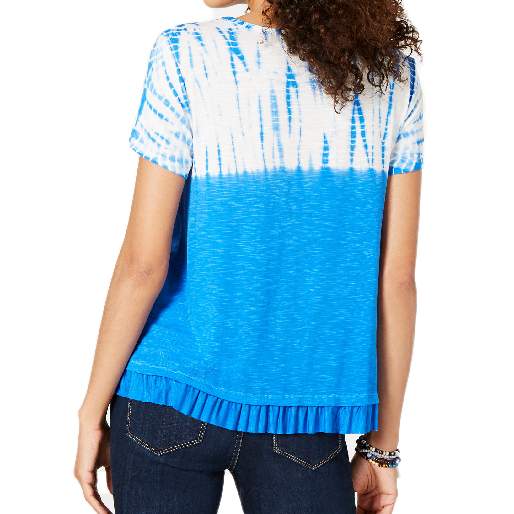 Style & Co Women Petite Tie Dye & Ruffle Hem T Shirt