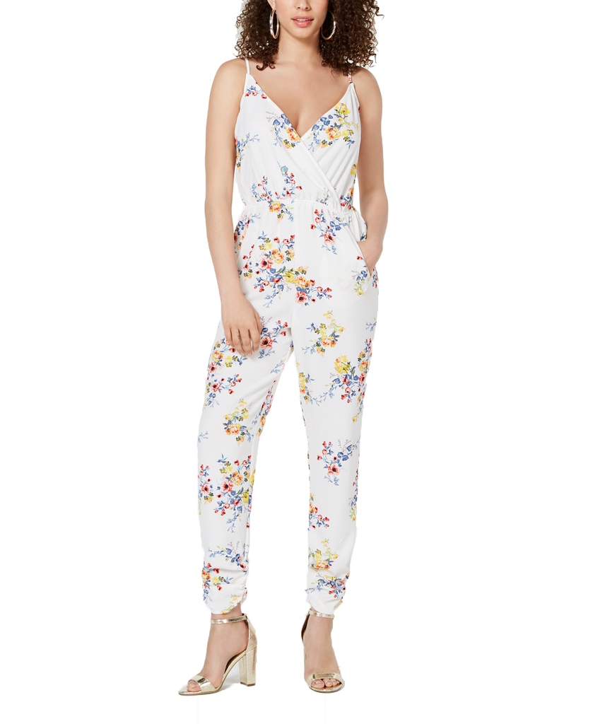 Material Girl Women Printed Ruched Hem Faux Wrap Jumpsuit White Floral