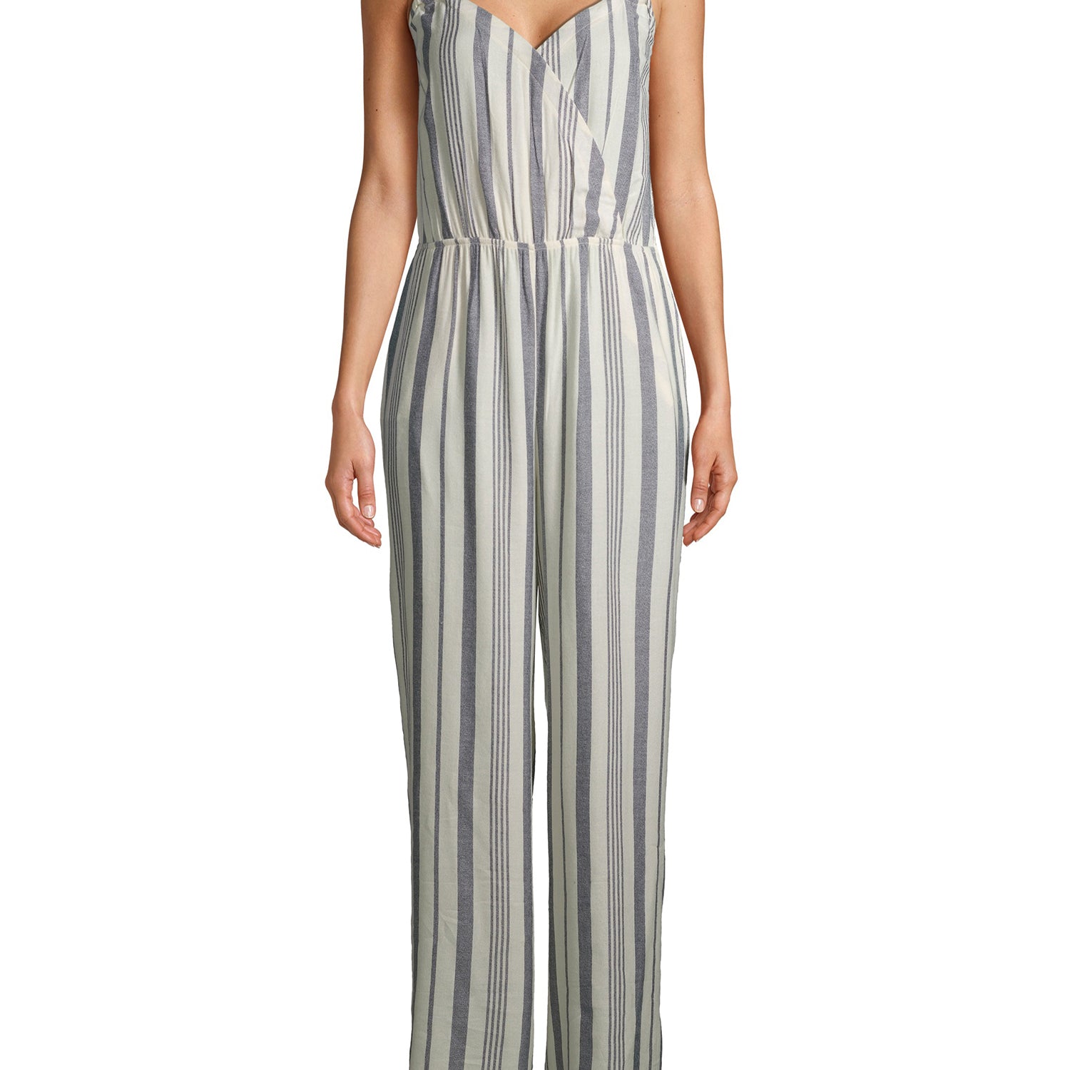 Urban Rebel Juniors Tortoise Ring Surplice Smocked Back Full Length Jumpsuit Navy Pearled Ivory