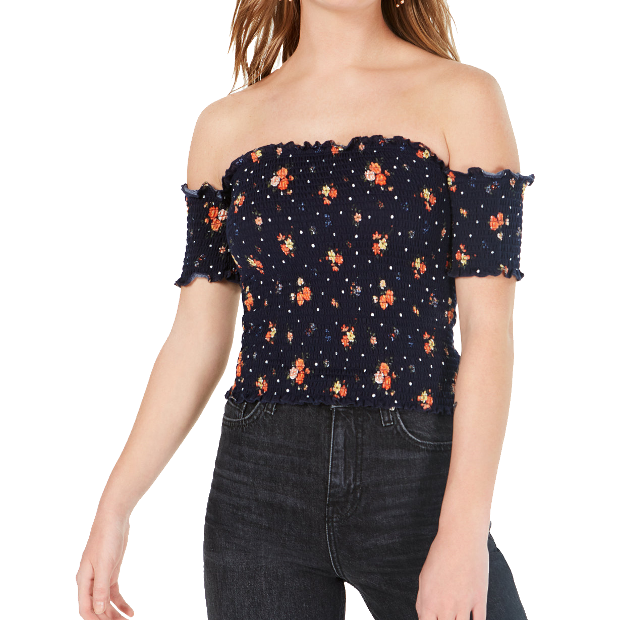 Crave Fame Women Smocked Off The Shoulder Crop Top Navy Flower