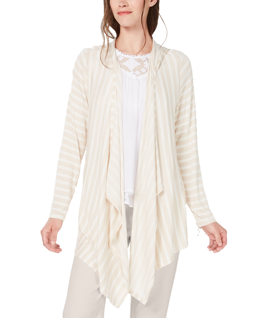 Style & Co Women Striped Hooded Completer Cardigan Sand Dollar