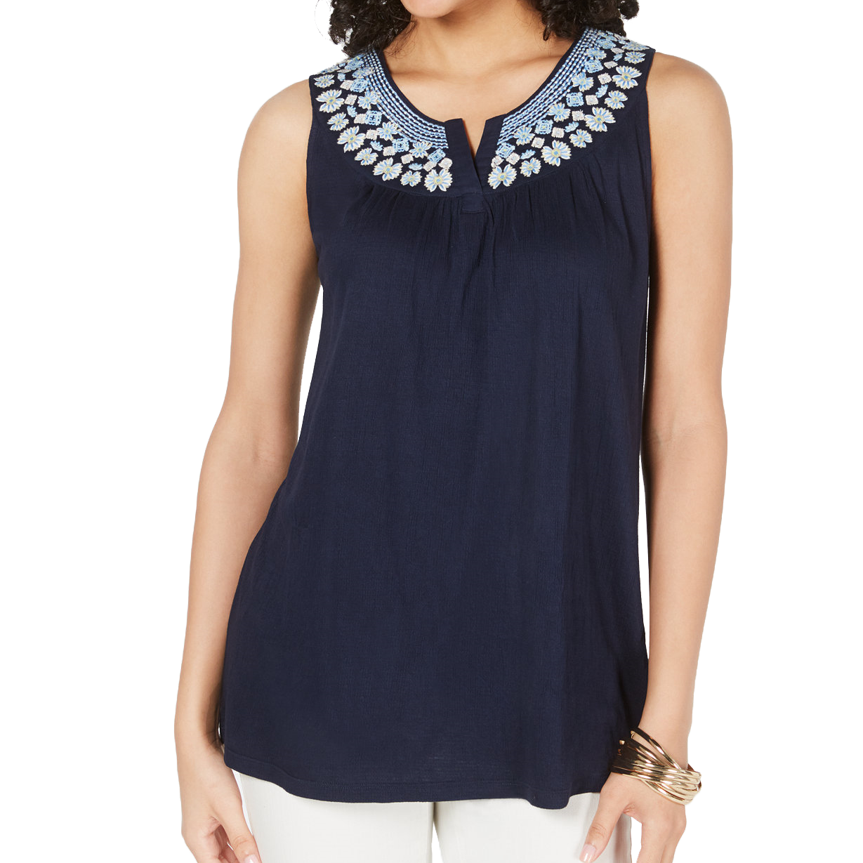 Style & Co Women Embroidered Split Neck Top Liberty Jewels Navy