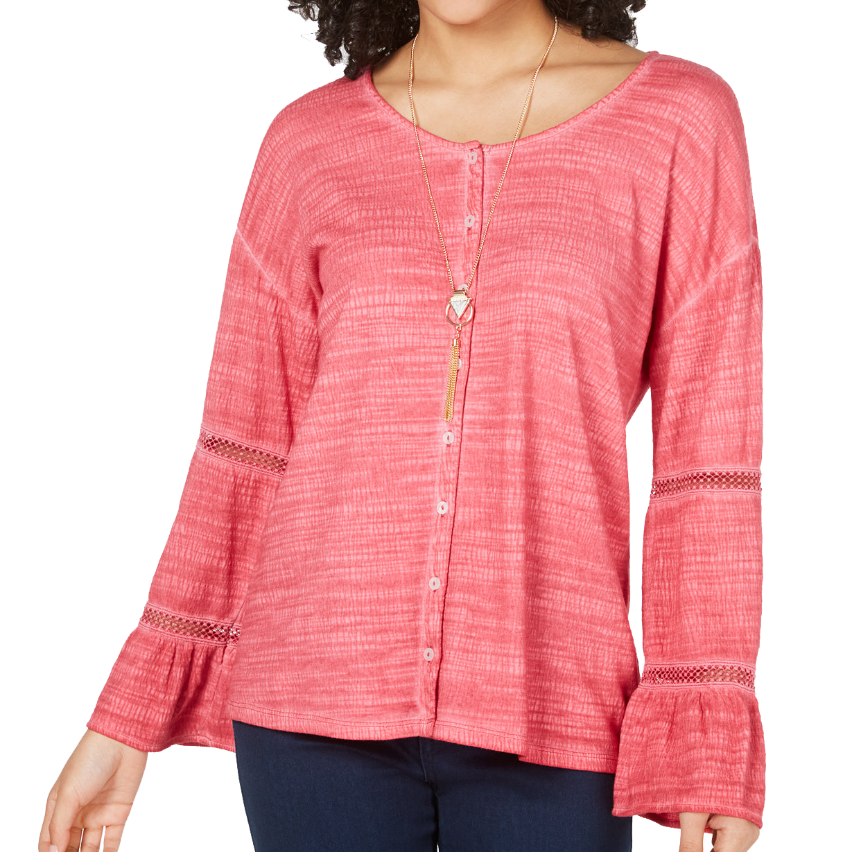 Style & Co Women Tiered Sleeve Button Up Top Real Red