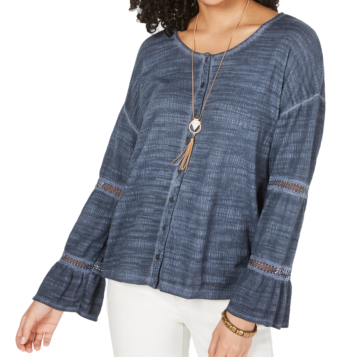 Style & Co Women Tiered Sleeve Button Up Top Industrial Blue