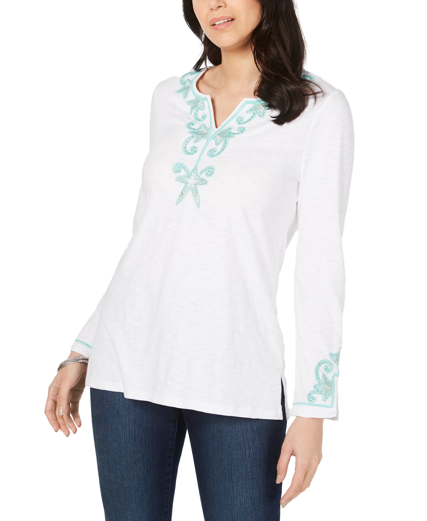 Charter Club Women Cotton Embroidered Top Bright White