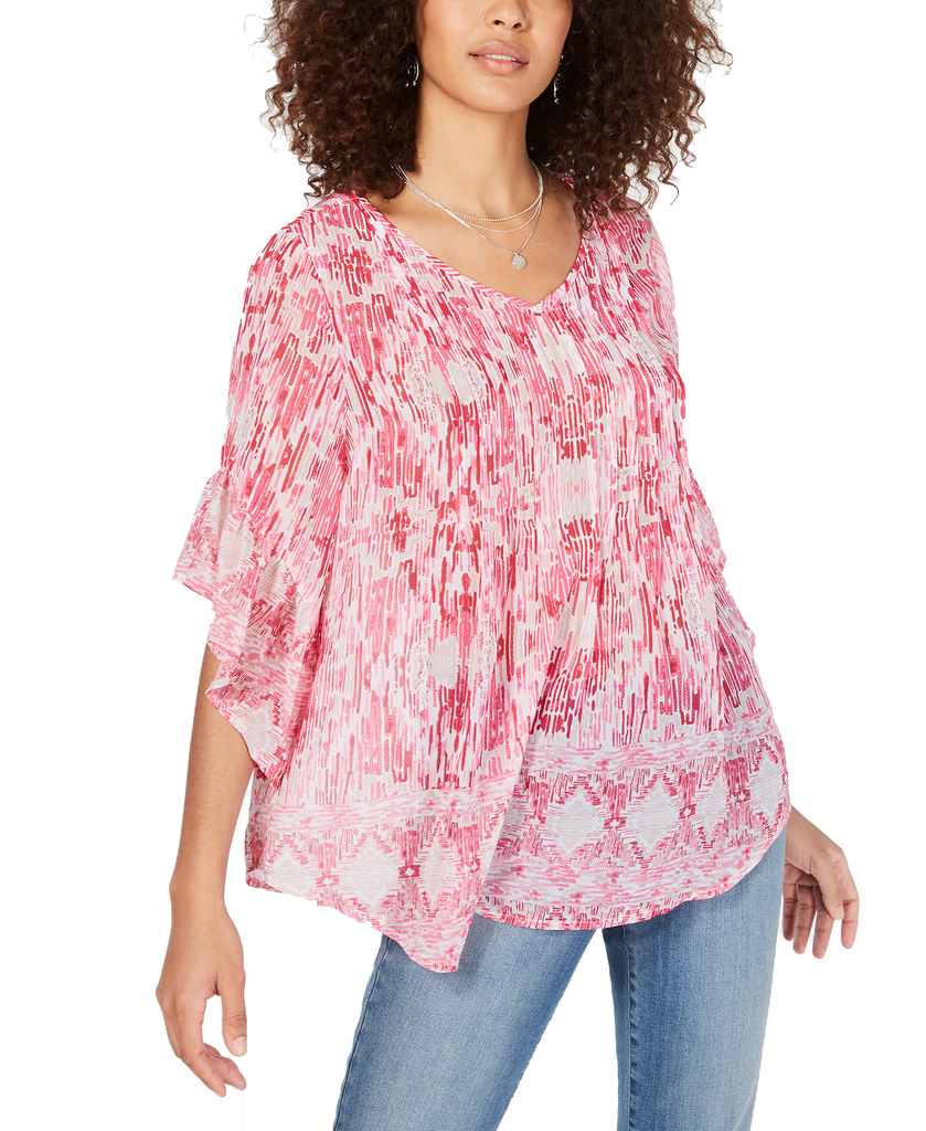Style & Co Women Retro Scarf Print Pintuck Pleat Top Southwest Pinks