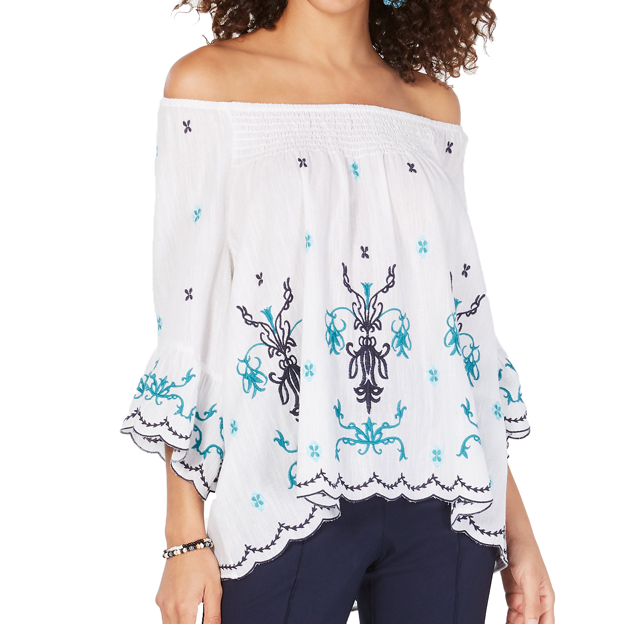 Style & Co Women Cotton Embroidered Convertible On Off The Shoulder Top Ornate Haven