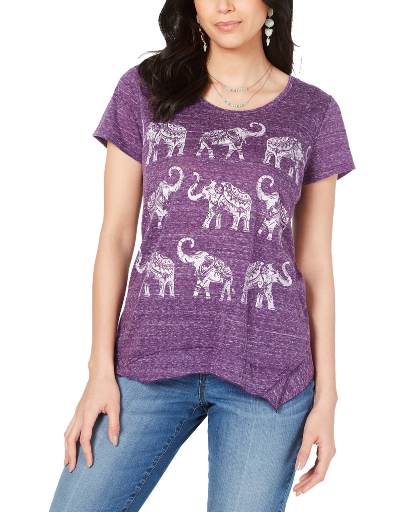 Style & Co Women Petite Graphic Print T Shirt Rule Elephants
