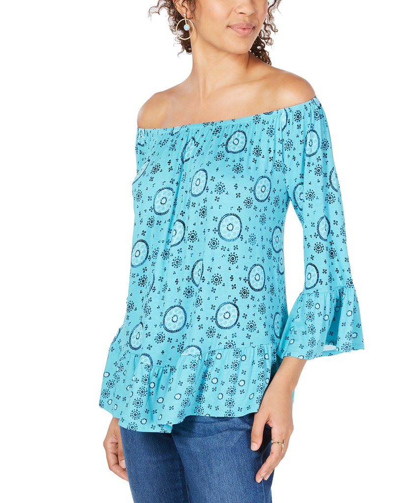 Style & Co Women Petite Printed Off The Shoulder Top Carnival Water