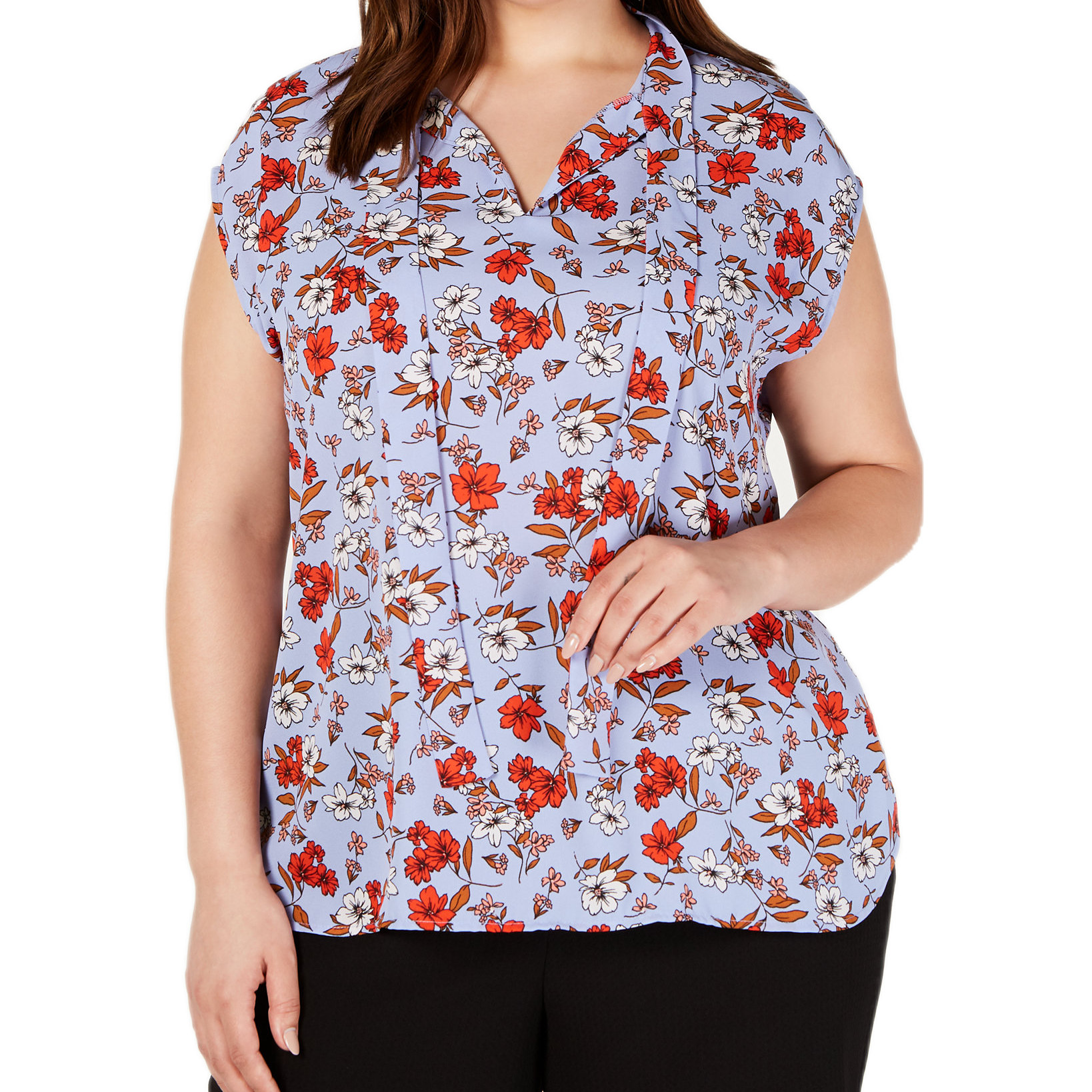 Bar III Women Plus Trendy Floral Print Tie Neck Top Hydrangea Multi
