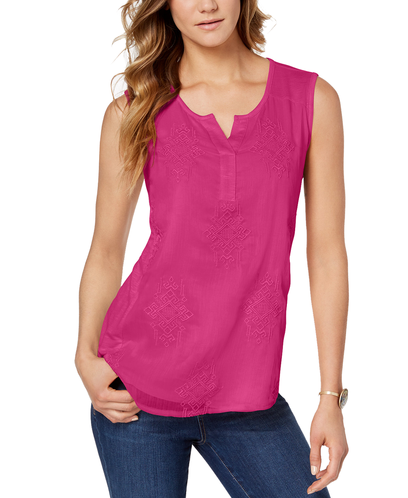 Style & Co Women Petite Embroidered Top Pink Breeze