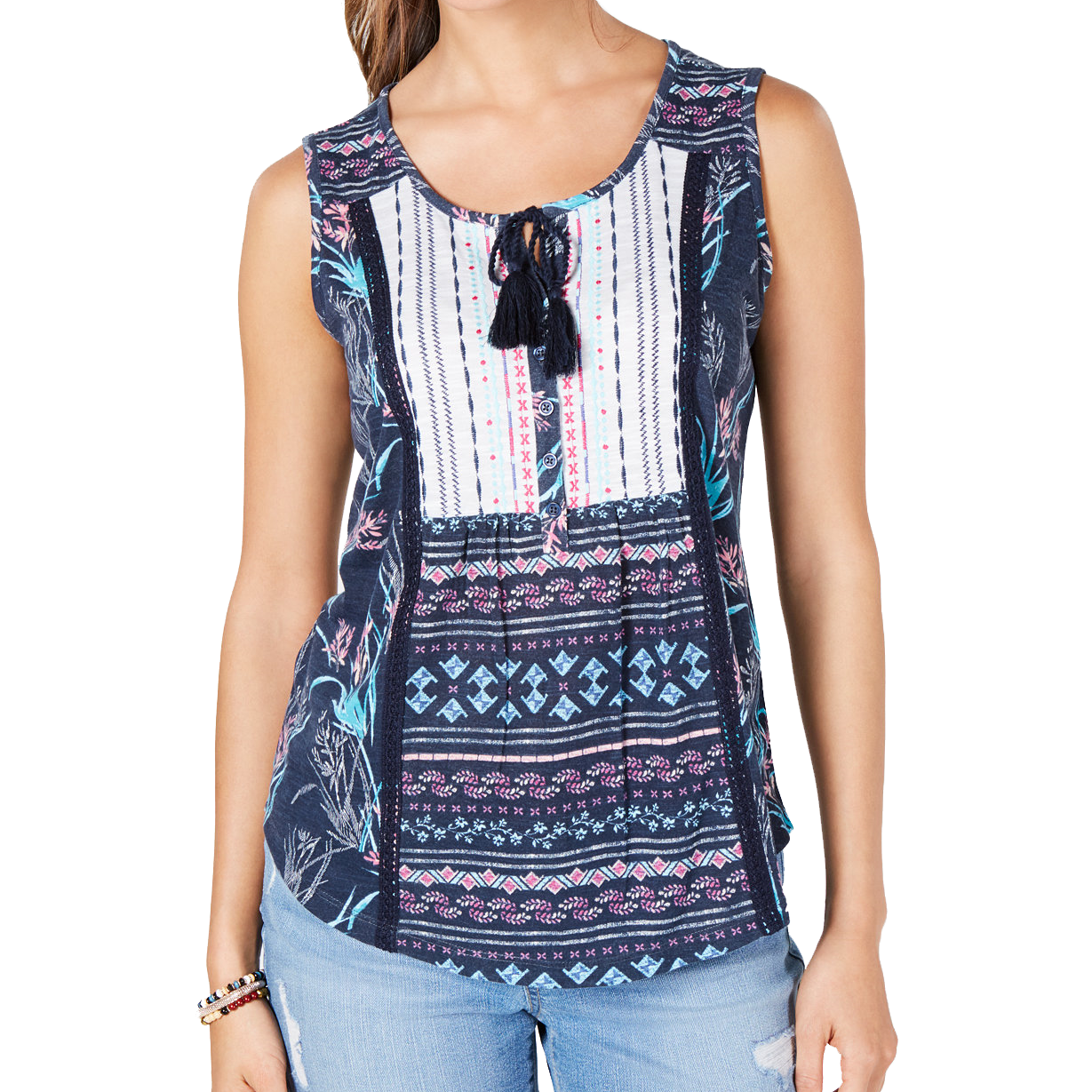 Style & Co Women Lace Up Tasseled Top Brushed Buds