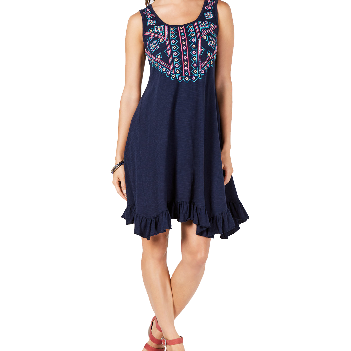 Style & Co Women Petite Embroidered Ruffle Hem Dress Global Vibes Ink