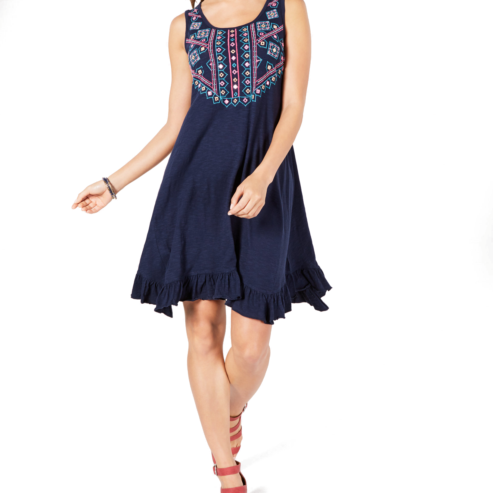 Style & Co Women Petite Embroidered Ruffle Hem Dress