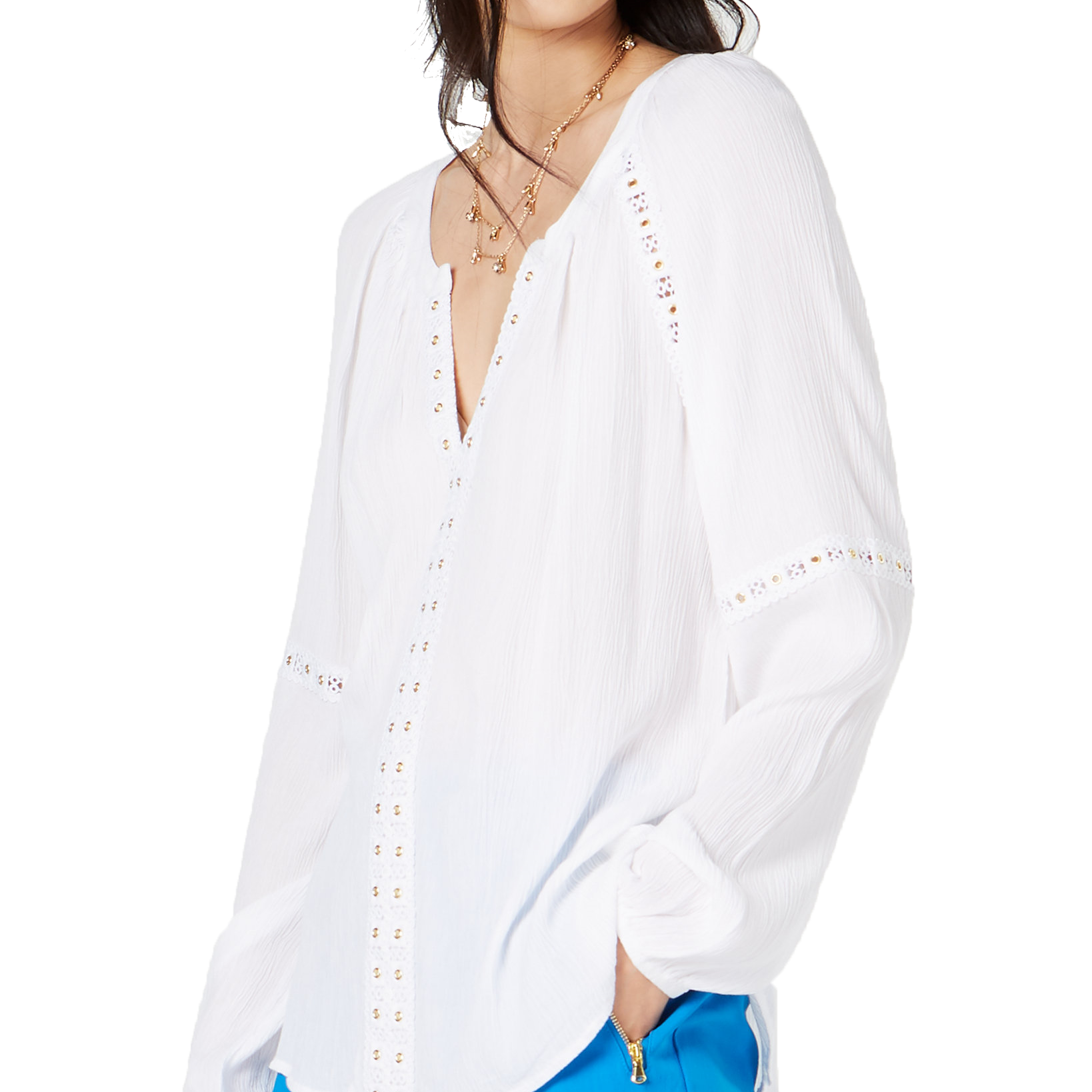 INC International Concepts Women Petite Grommet Trim Peasant Top Bright White