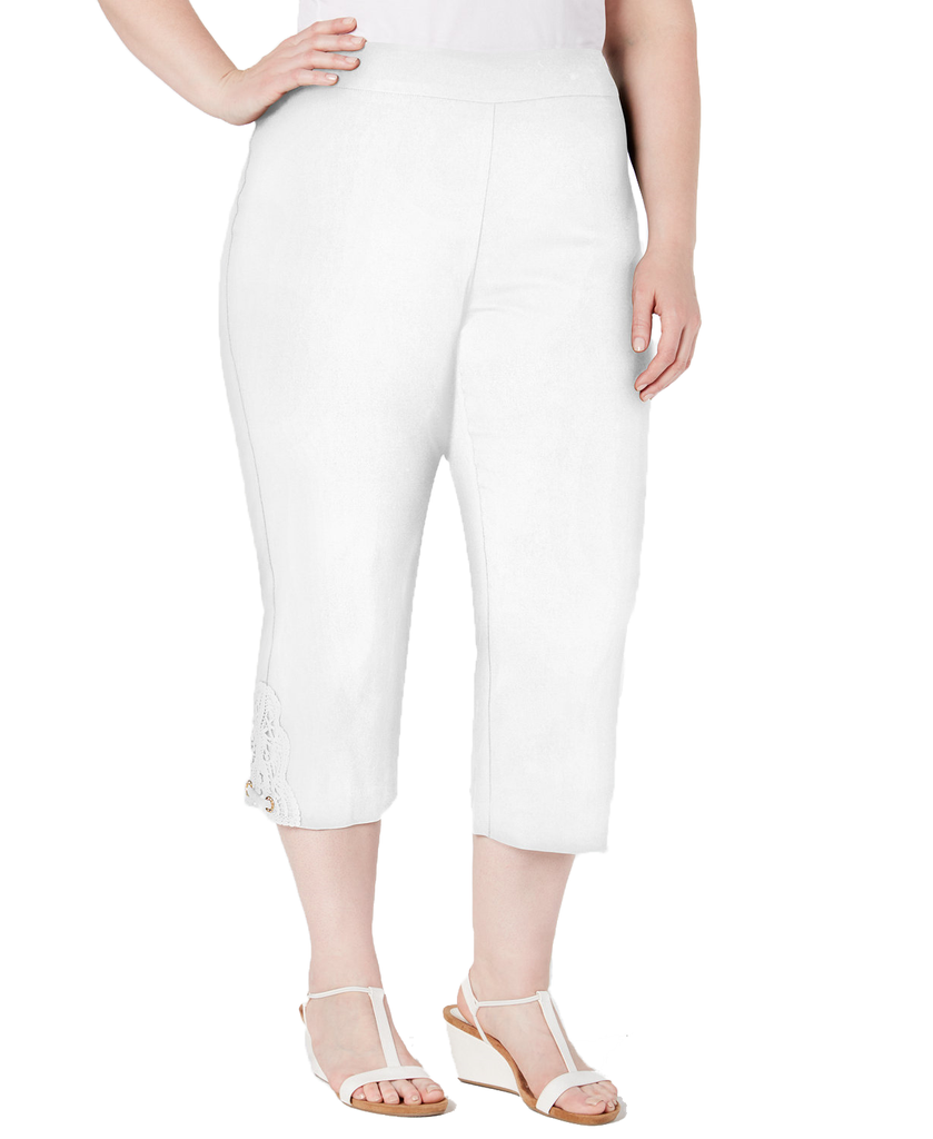 JM Collection Women Plus Crochet Lace Appliqué Capri Pants Bright White