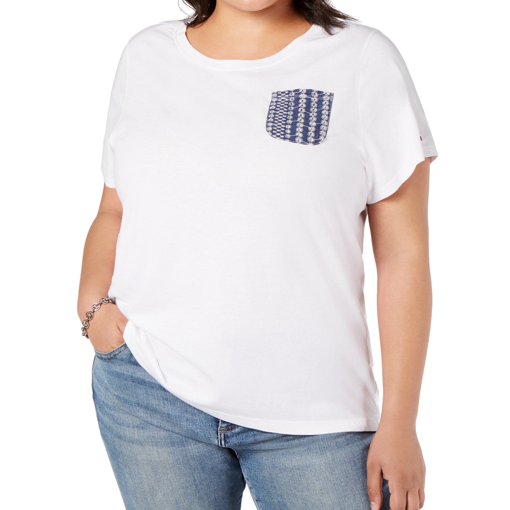 Tommy Hilfiger Women Plus Cotton Eyelet Pocket Top White