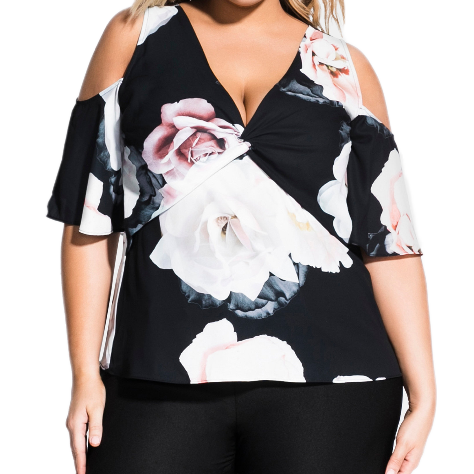 City Chic Women Plus Trendy Floral Cold Shoulder Top Sustin Floral
