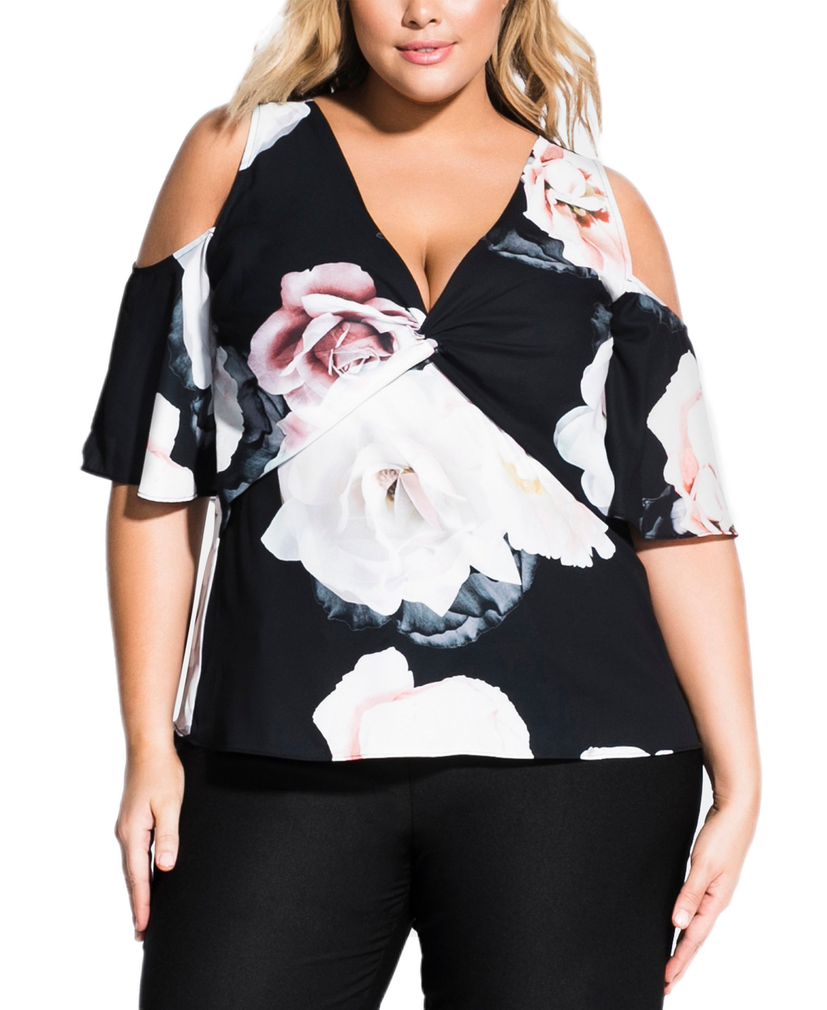 City Chic Women Plus Trendy Floral Cold Shoulder Top Sustin Floral